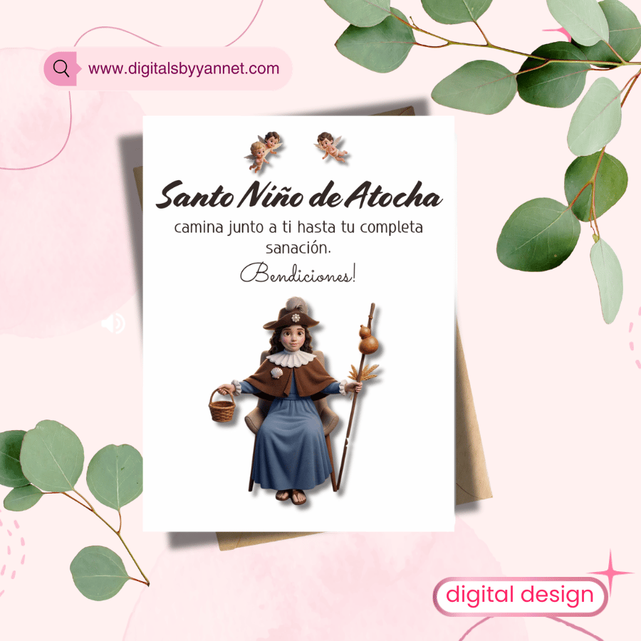 Printable Santo Niño de Atocha Spanish get well soon card with healing prayer and religious illustration.