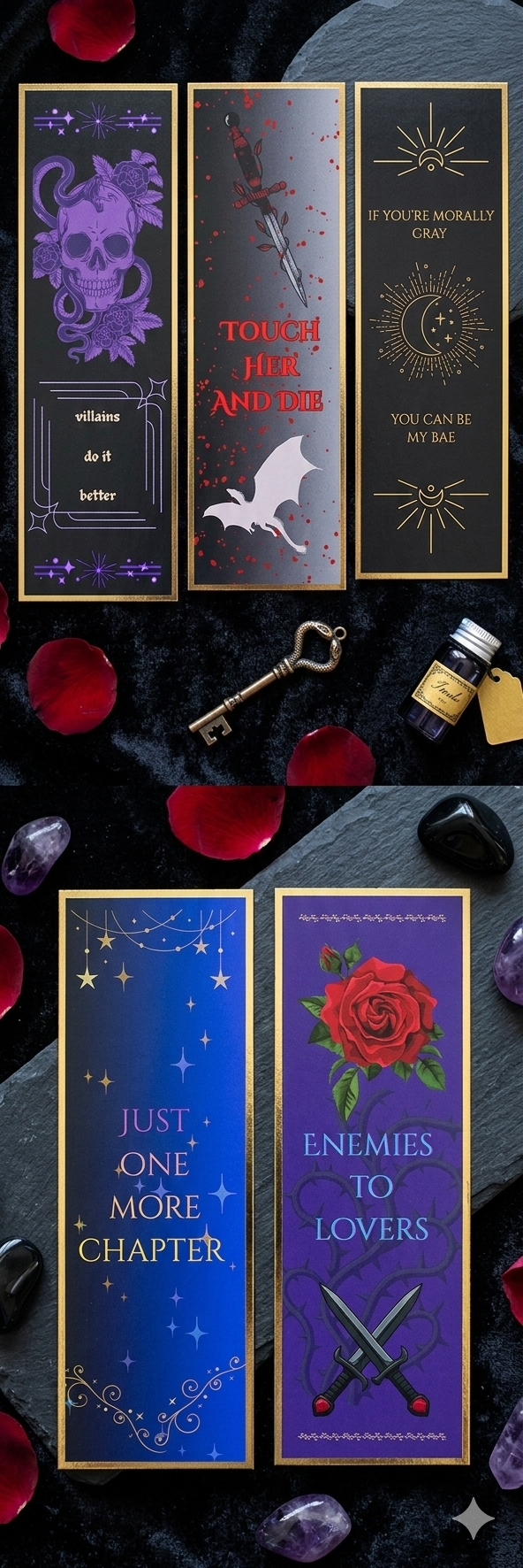 Top-down view of 'Enemies to Lovers' and 'Morally Gray' bookmarks on dark velvet with a brass dagger.