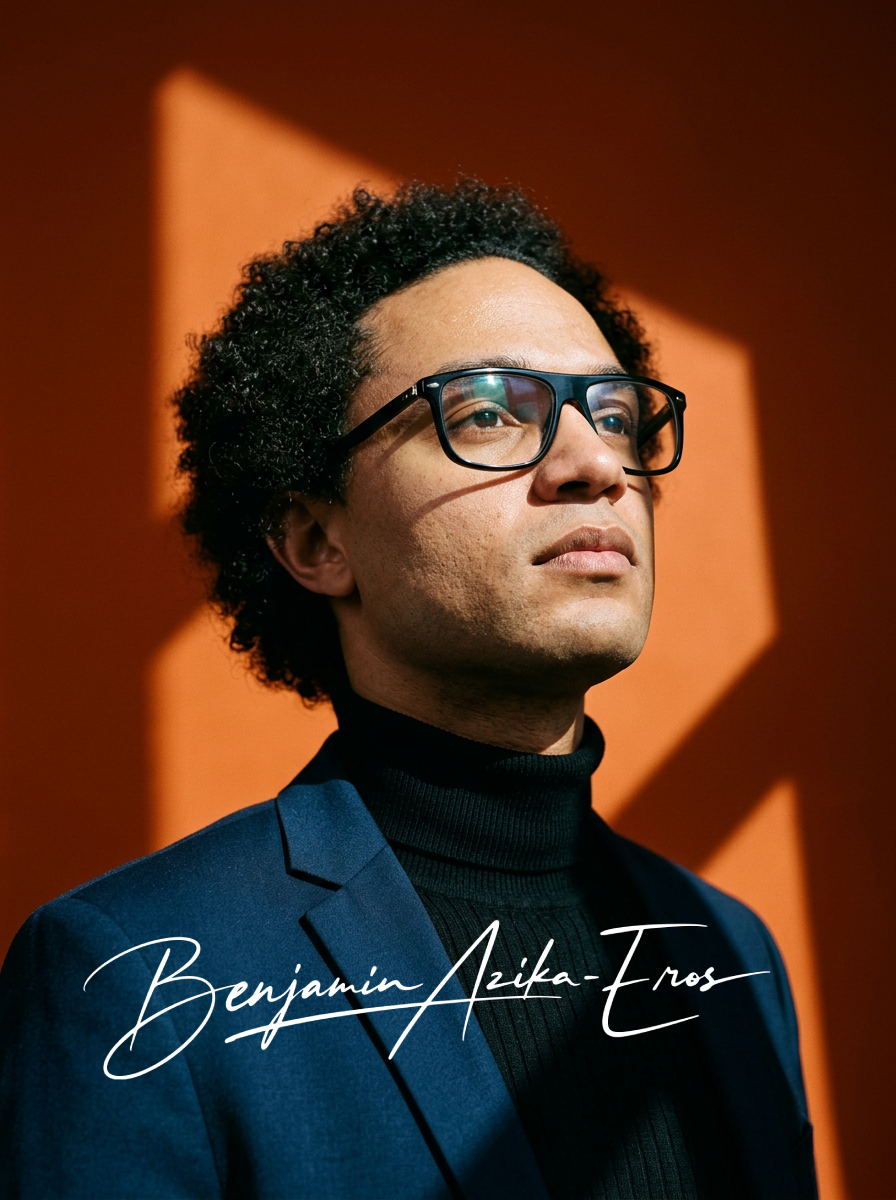 Portrait de signature de Benjamin Azika-Eros, Superviseur de l'Abri GMIND. Photo professionnelle avec signature manuscrite intégrée, symbolisant l'engagement et l'autorité de l'expert en performance biologique et de préparateur mental pour la performance professionnelle en entreprise..