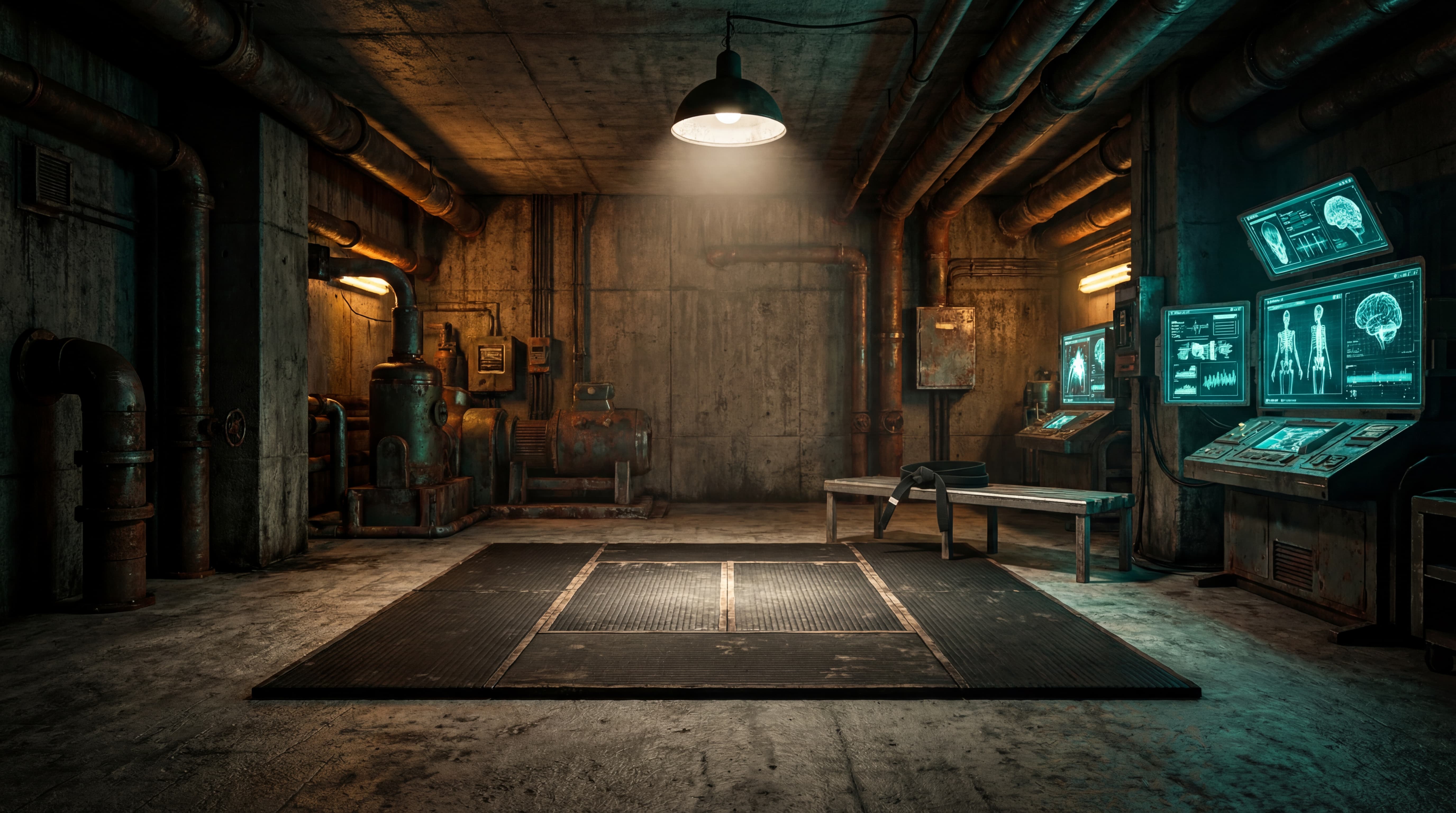 Vue cinématique du Dojo Tactique de l'Abri GMIND : un tatami d'entraînement circulaire au centre d'un bunker industriel en béton, entouré de tuyauteries et d'écrans de diagnostic neuronal, sous un éclairage ambre et teal contrasté, illustrant le Cyber-Dojo.