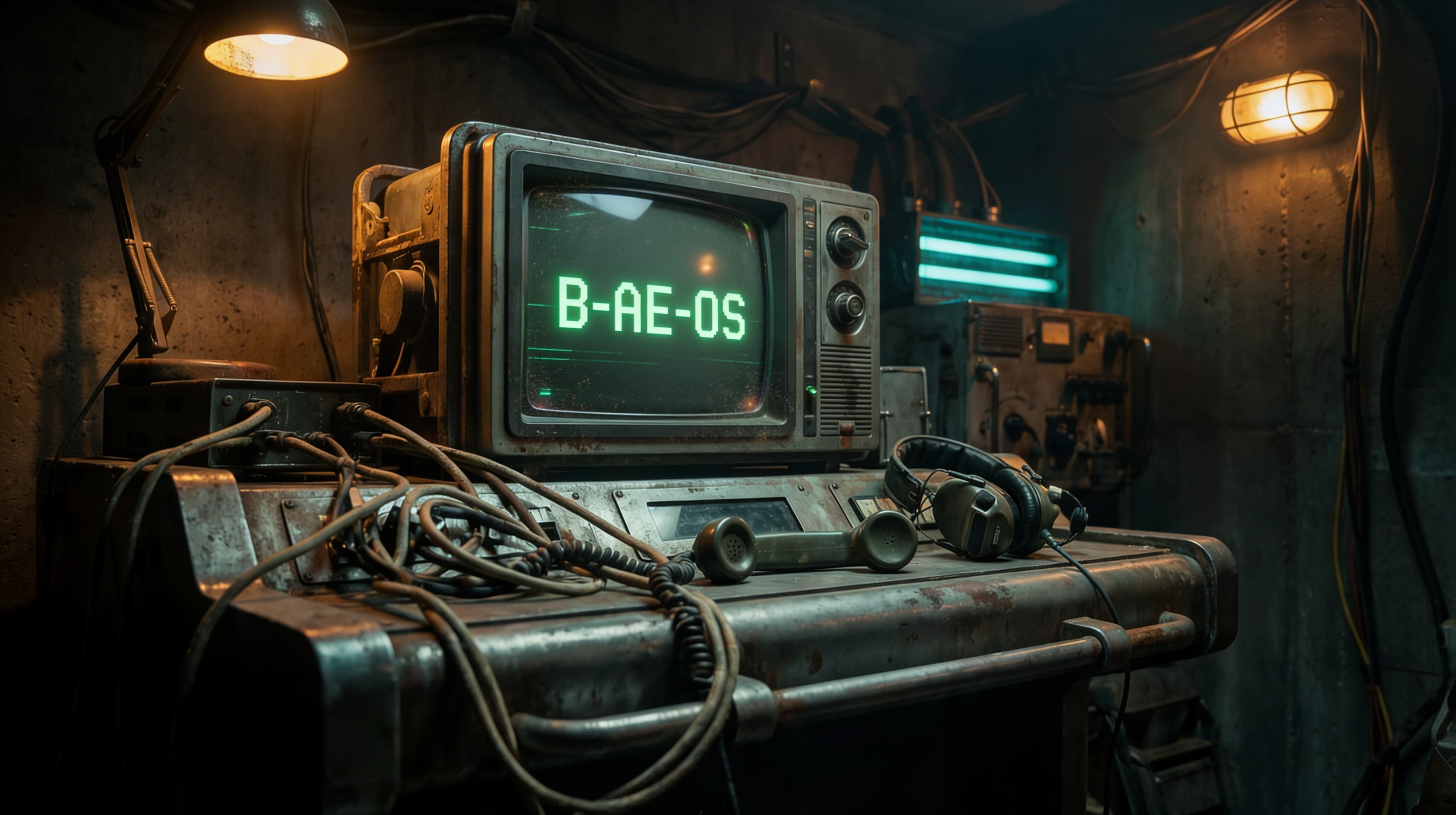 Vue cinématique d'une station de communication tactique et robuste dans un bunker en béton. Un écran CRT vert clignotant affiche le texte 'OUVERTURE CANAL DIRECT' et un logo WhatsApp pixelisé, entouré de câbles et d'un casque tactique dans un style rétro-futuriste.