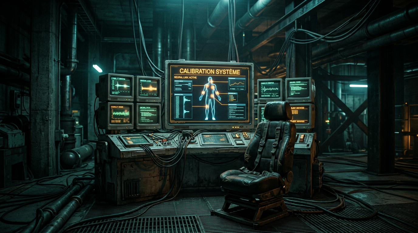 Poste de calibration neuronale de haute précision dans un bunker industriel. Un moniteur central affiche un diagnostic de silhouette humaine avec le texte 'CALIBRATION SYSTÈME', entouré de terminaux de données et d'un siège de pilote, illustrant l'approche d'ingénierie humaine du mentorat.