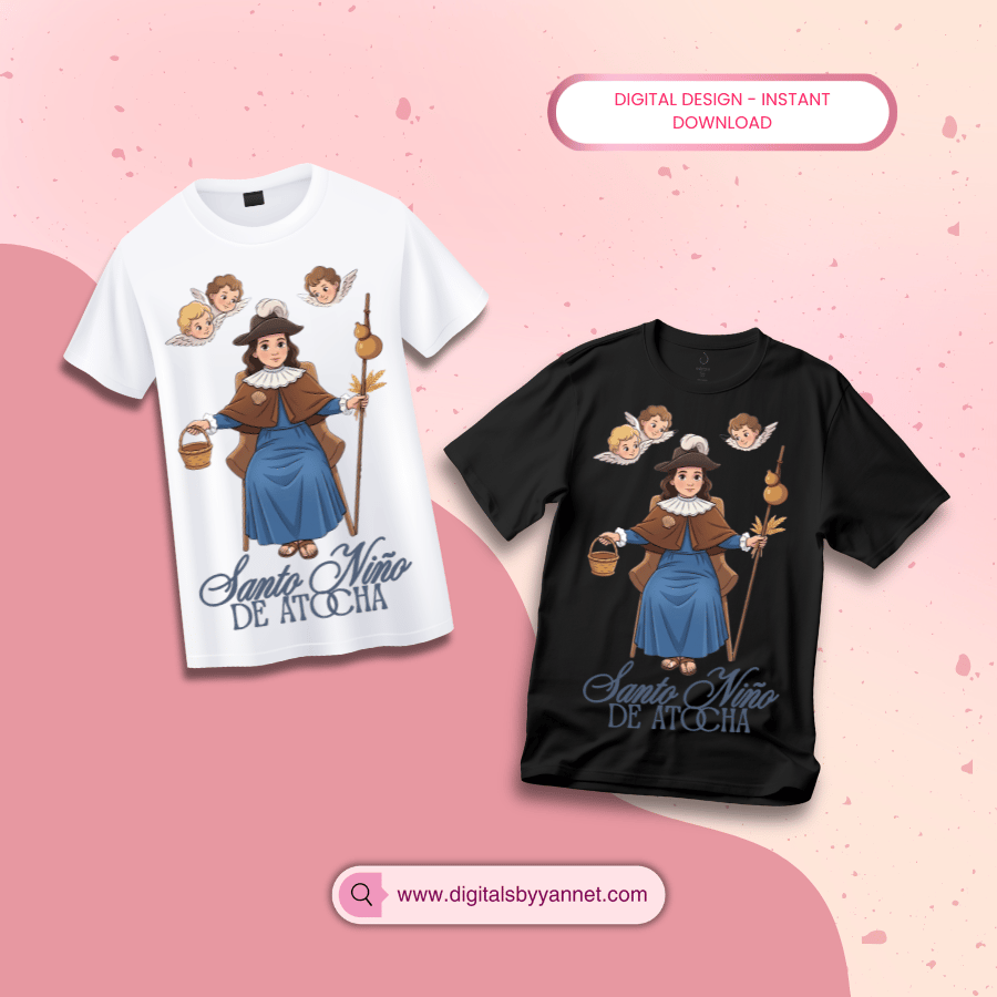 Beautiful Santo Niño de Atocha PNG perfect for Catholic crafts and sublimation projects. Create faith-inspired t-shirts, mugs, tumblers, stickers and more with this high quality religious digital download. Perfect for Catholic gifts and devotional art lov