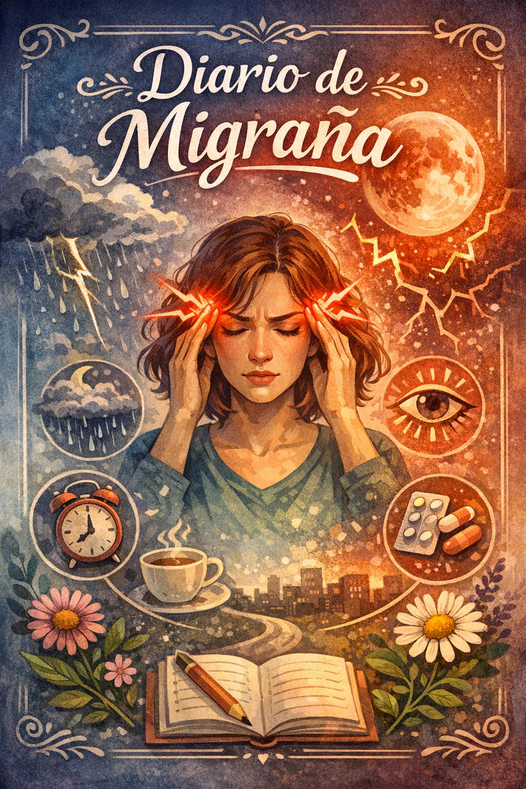 Ilustración artística de una mujer con migraña rodeada de iconos de desencadenantes como el clima, el tiempo, el café y la medicación, con el título "Diario de Migraña