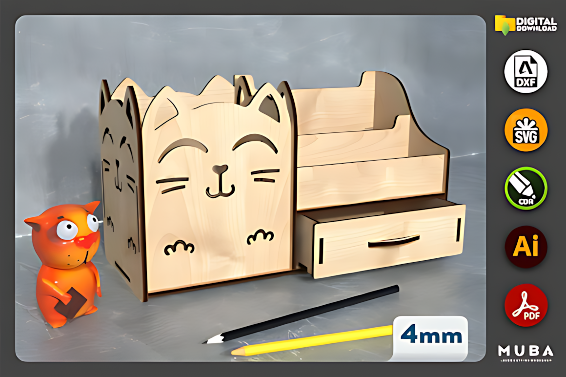 Laser Cut Kids Cat Desk Organizer SVG