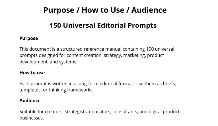 Minimalist audience overview showing who the editorial prompt pack is designed for : creators, fouders, stategist and digital brands.
