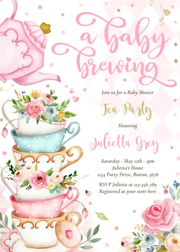 A Baby Is Brewing Tea Party Invitation | Pink Roses Canva Template