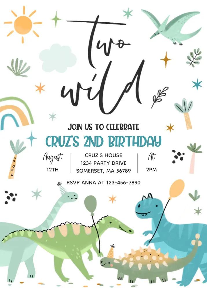 Dinosaur Two Wild 2nd Birthday Invitation Canva Template - Editable