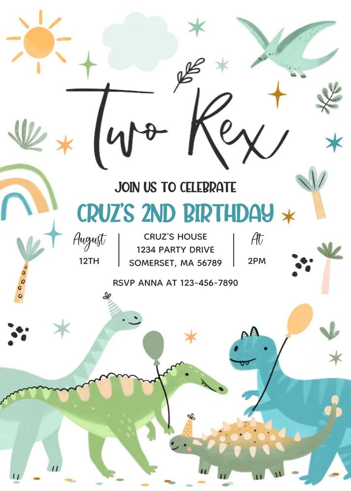 Dinosaur Two Rex 2nd Birthday Invitation | Editable Canva Template