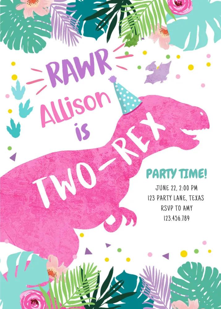 Two-Rex 2nd Birthday Invitation Pink Dinosaur Girl Canva Template Editable