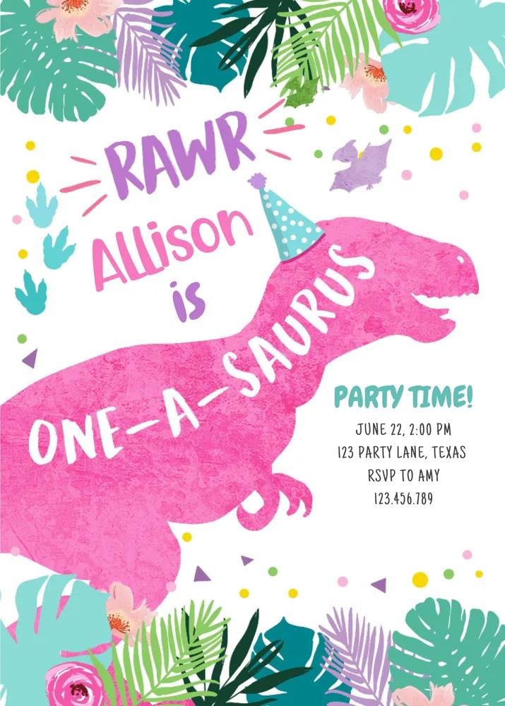 One-A-Saurus Pink Dinosaur Girl 1st Birthday Invitation Canva Template