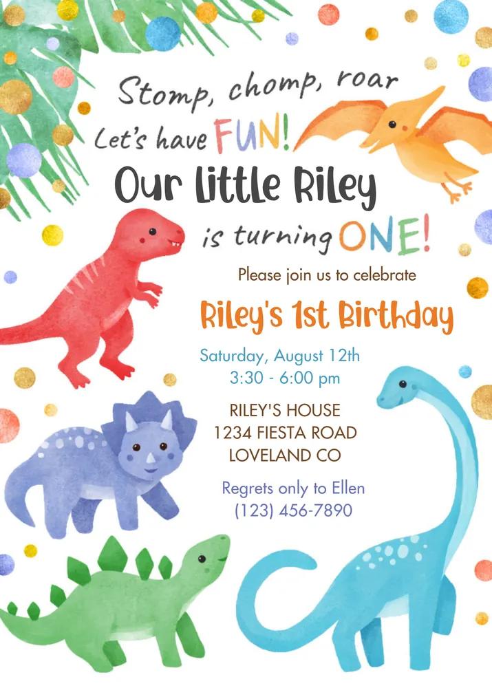 Dinosaur 1st Birthday Invitation | Editable Canva Template | Colorful Roar Party