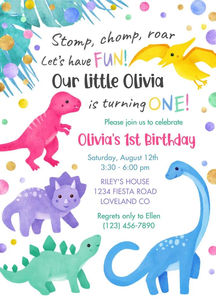 Dinosaur Girl 1st Birthday Invitation | Pink Floral Canva Template | A93S