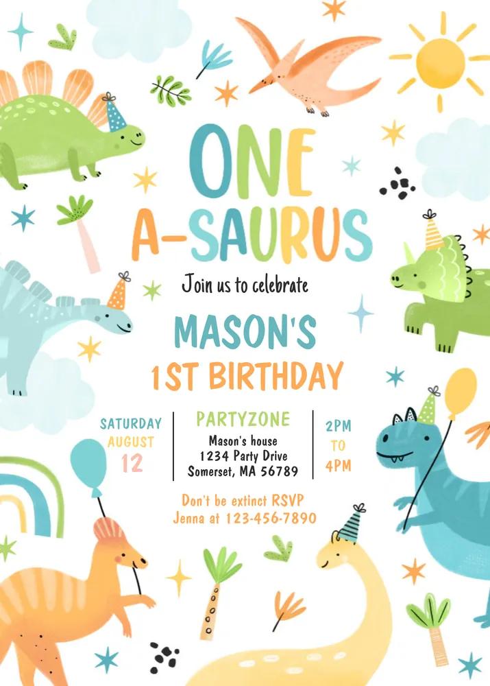 Dinosaur One-A-Saurus 1st Birthday Invitation | Editable Canva Template