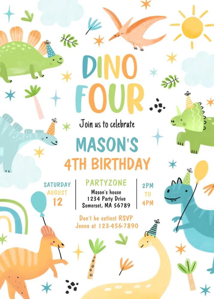 Dinosaur 4th Birthday Invitation Canva Template | T-Rex Four Boy Party