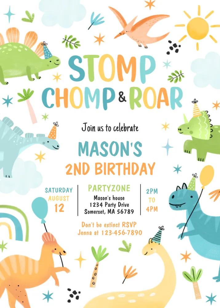 Editable Dinosaur Stomp Chomp Roar Birthday Invitation Canva Template