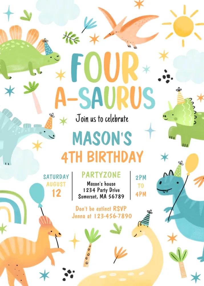 Dinosaur Four-A-Saurus 4th Birthday Invitation Canva Template