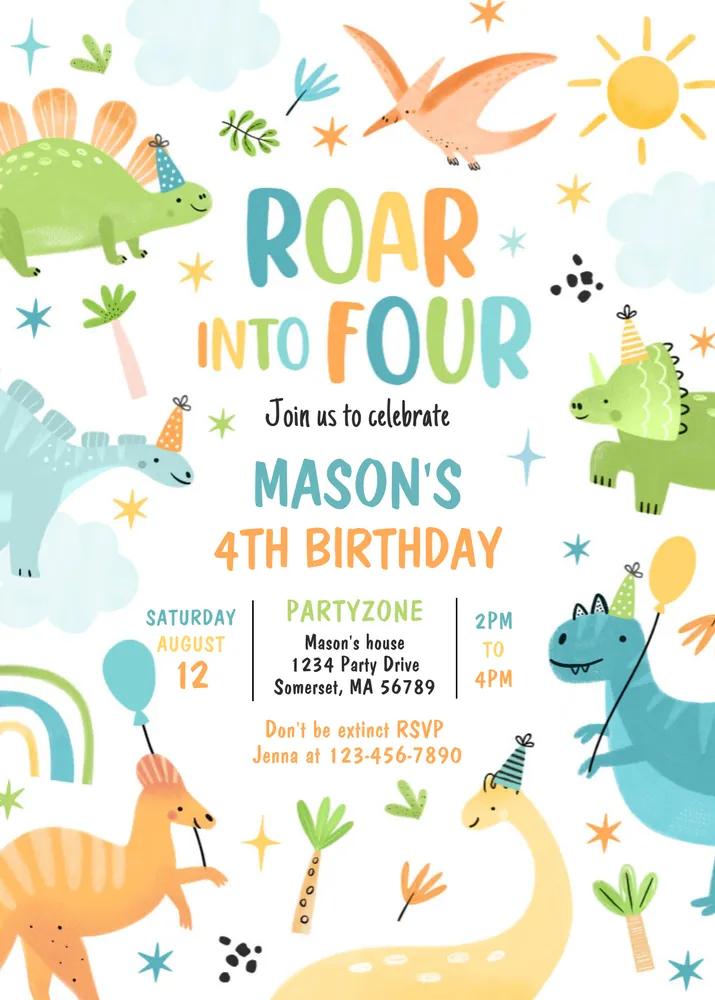 Roar Into Four Dinosaur 4th Birthday Invitation Canva Template