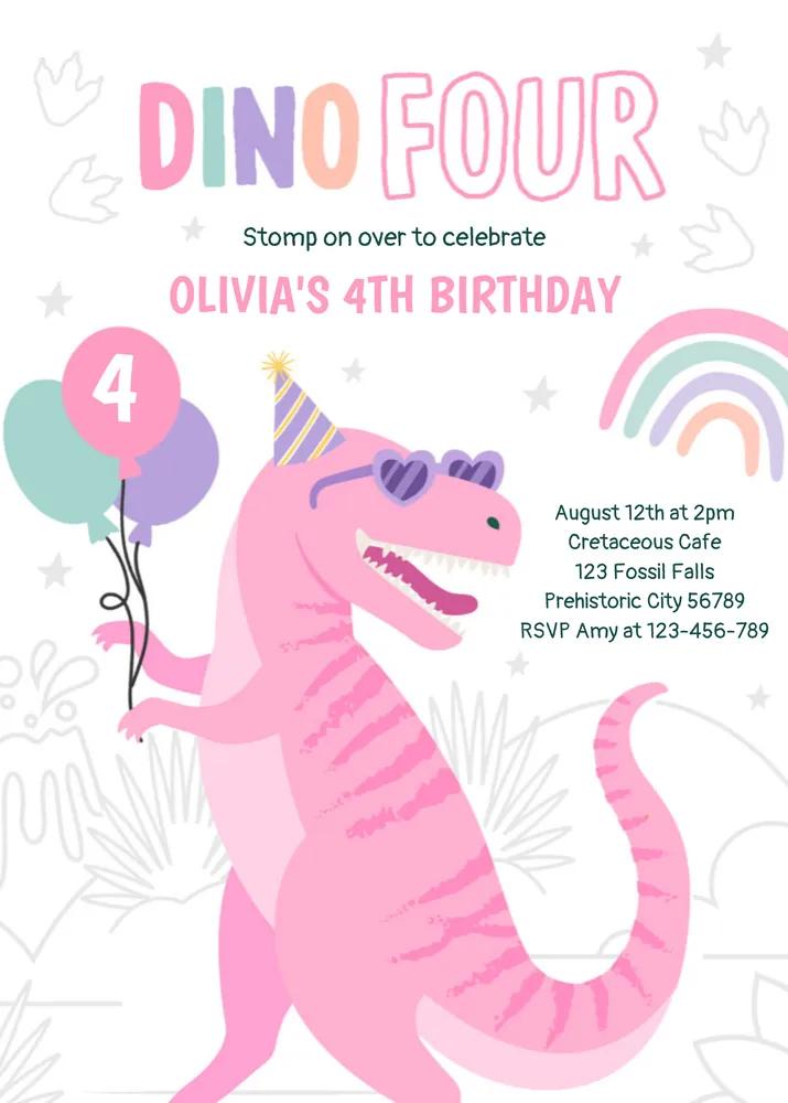 Pink T-Rex Dinosaur 4th Birthday Invitation Canva Template Dino Four