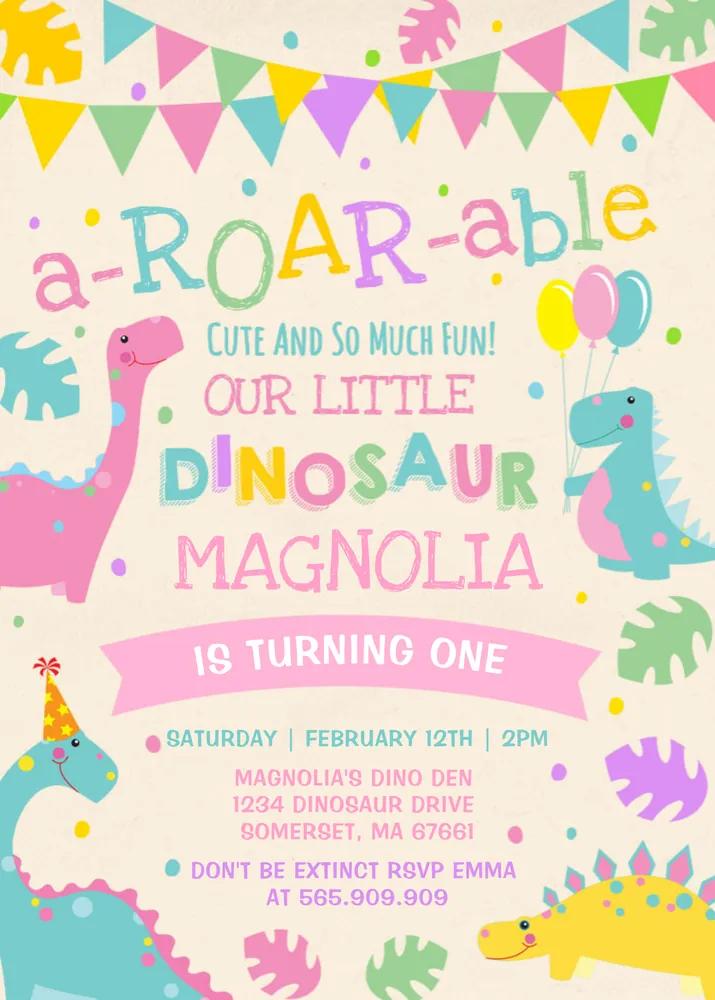 Girl Dinosaur 1st Birthday Invitation | Pink Dino Canva Template