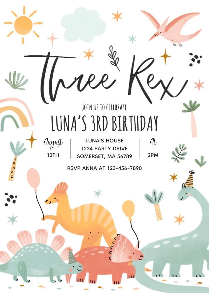 Editable Dinosaur Three Rex 3rd Birthday Invitation Canva Template