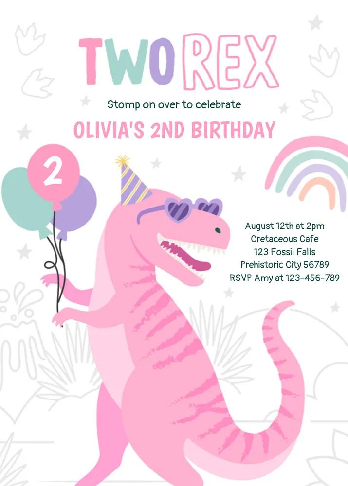 Pink Dinosaur Two Rex 2nd Birthday Invitation Canva Template Girl T-Rex