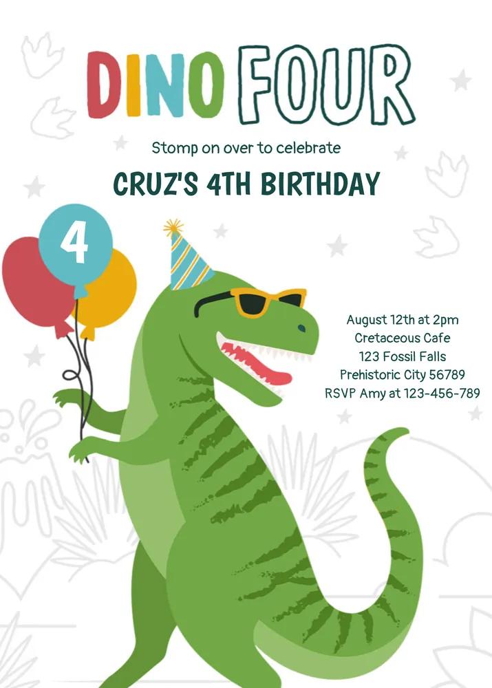 Editable T-Rex 4th Birthday Invitation | Dinosaur Dino Four Canva Template