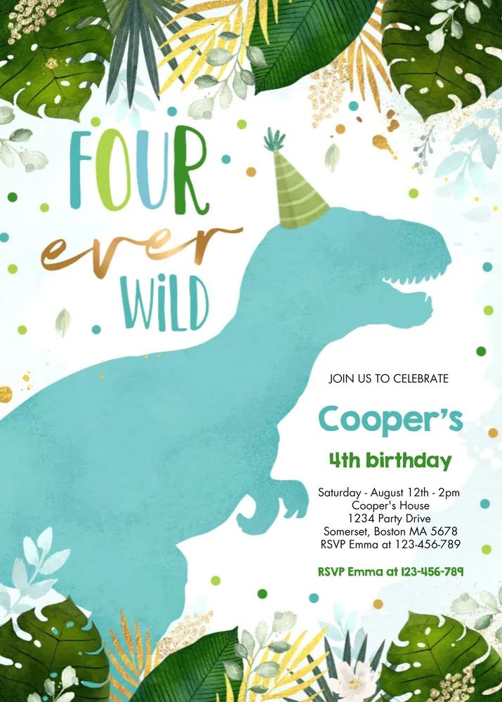 Dinosaur Four Ever Wild 4th Birthday Invitation Canva Template Boy
