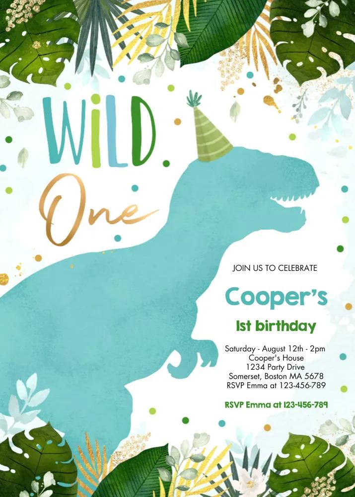 Dinosaur Wild One Birthday Invitation | Editable Canva Template Boy