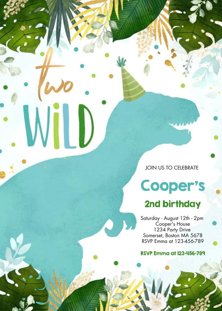 Dinosaur Two Wild 2nd Birthday Invitation Canva Template - Editable Boy Invite