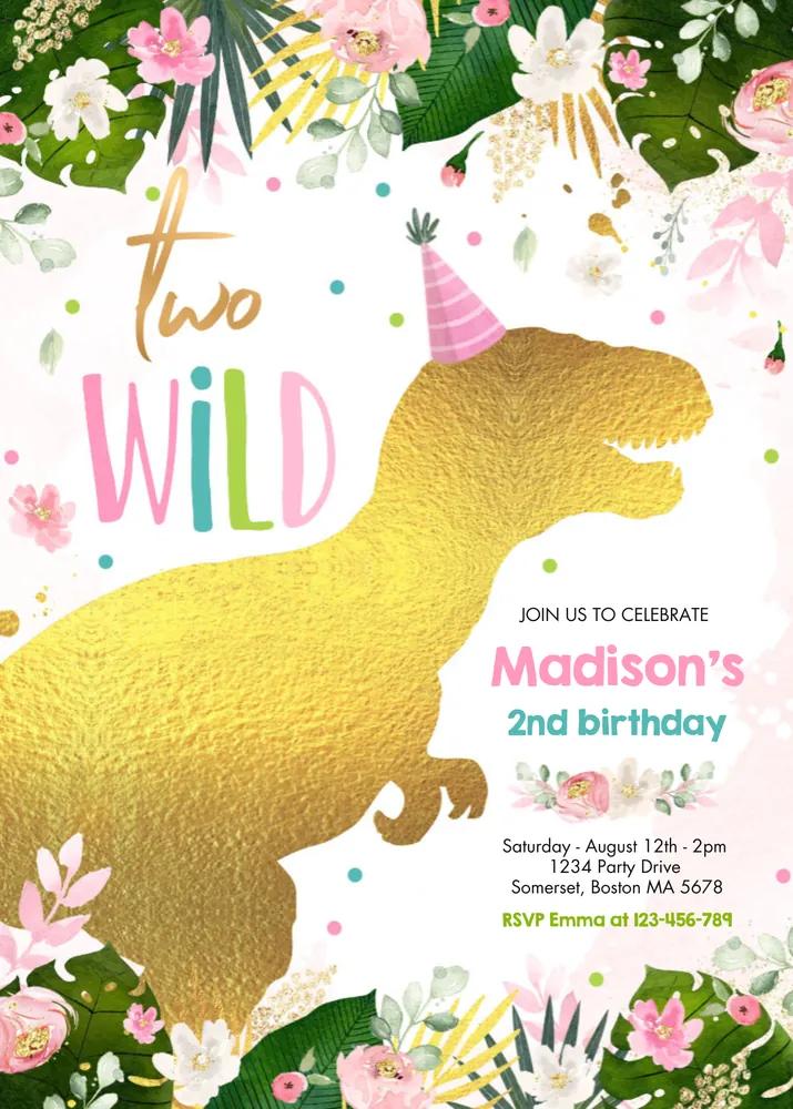 Editable Pink Dinosaur 2nd Birthday Invitation Template - Two Wild Girl Invite