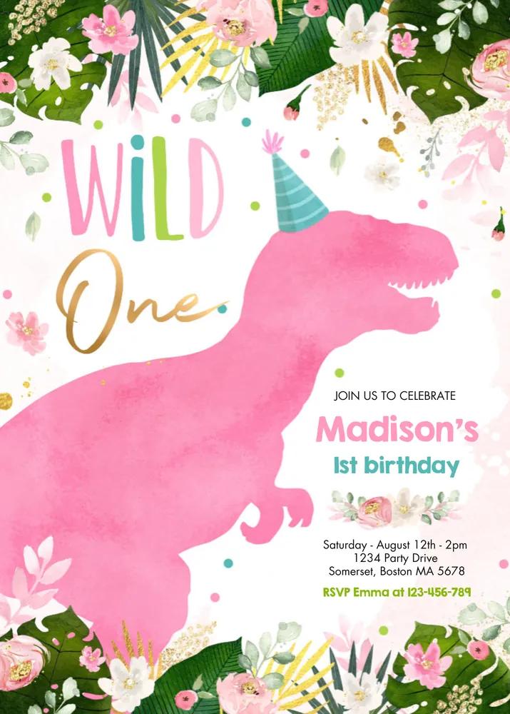 Pink Dinosaur Wild One Birthday Invitation - Editable Canva Template