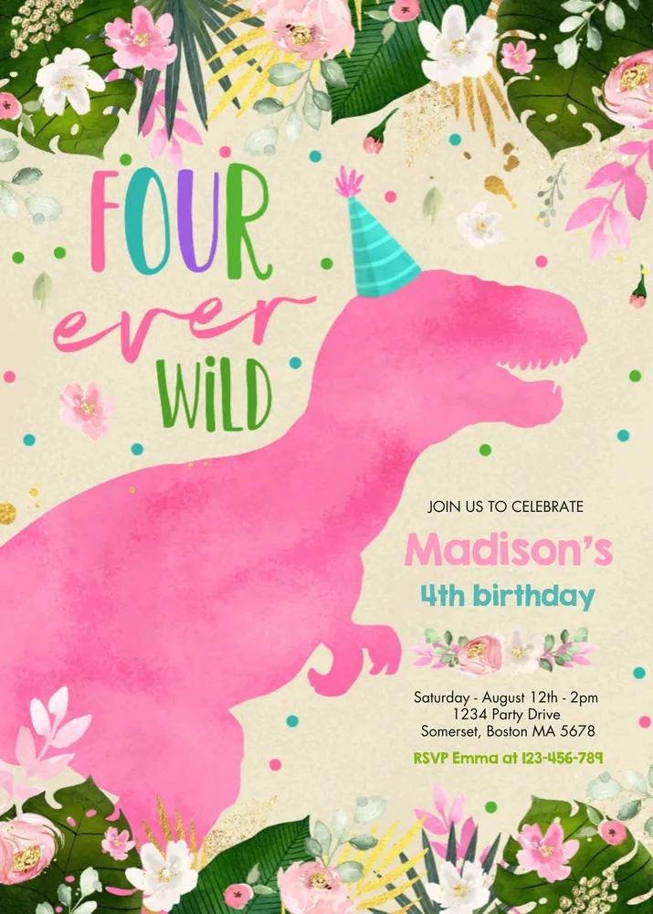 Dinosaur Four Ever Wild Birthday Invitation | Editable Canva Template