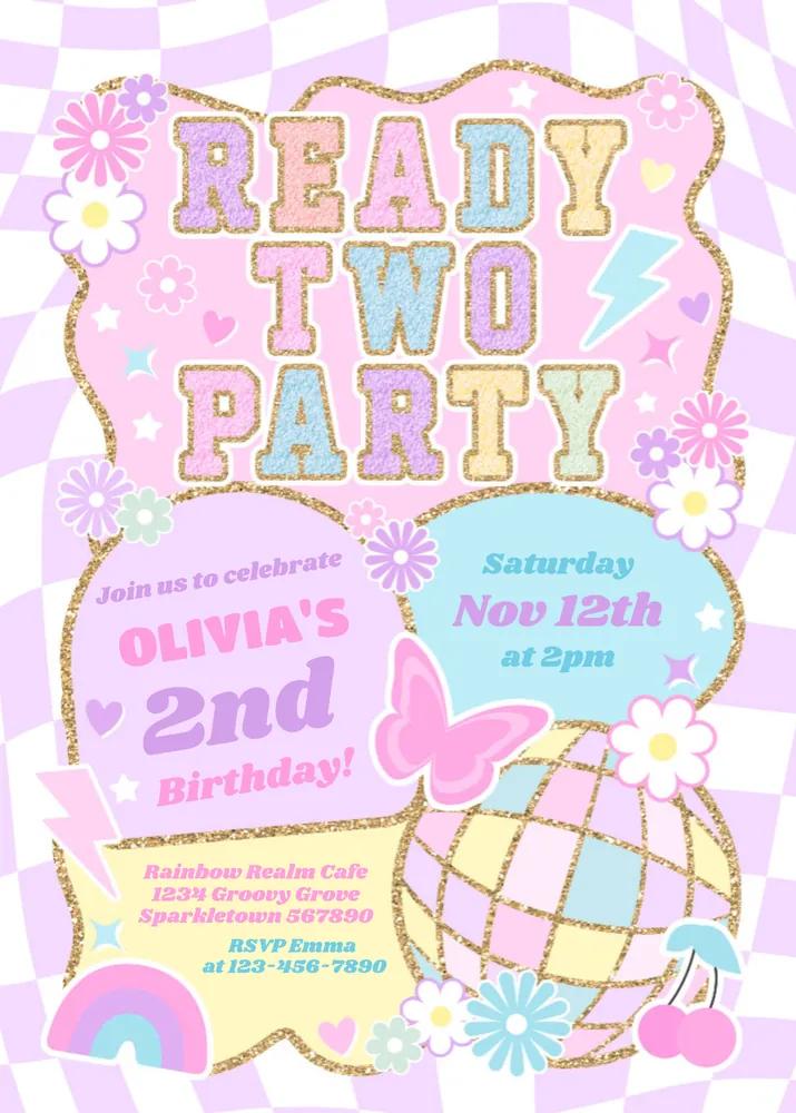 Groovy Preppy Varsity 2nd Birthday Invitation | Ready Two Party Canva