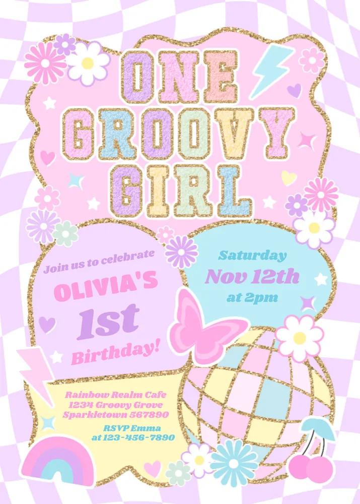 One Groovy Girl Preppy Varsity 1st Birthday Invitation Canva Template