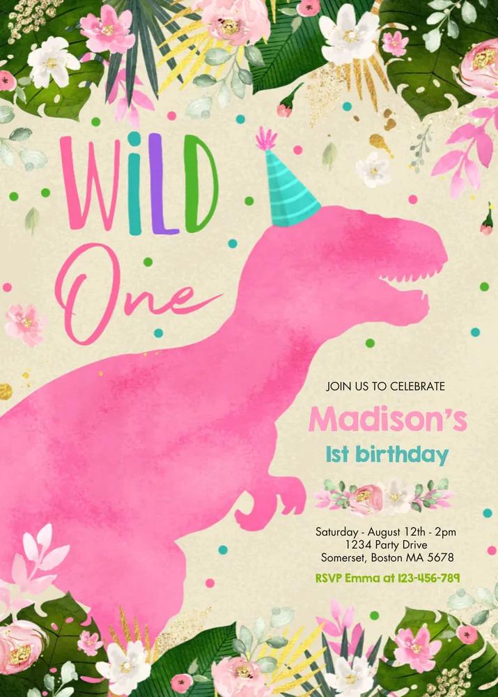 Pink Dinosaur Wild One Birthday Invitation - Editable Canva Template