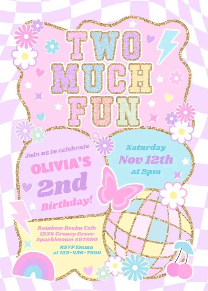 Two Much Fun 2nd Birthday Invitation | Groovy Preppy Varsity Canva Template