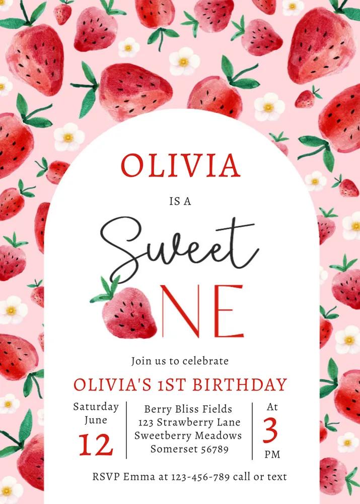 Strawberry Sweet One 1st Birthday Invitation | Editable Canva Template