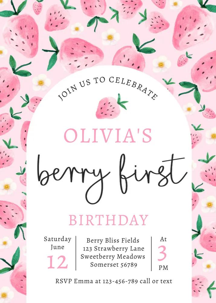 Strawberry 1st Birthday Invitation | Berry First Birthday Canva Template