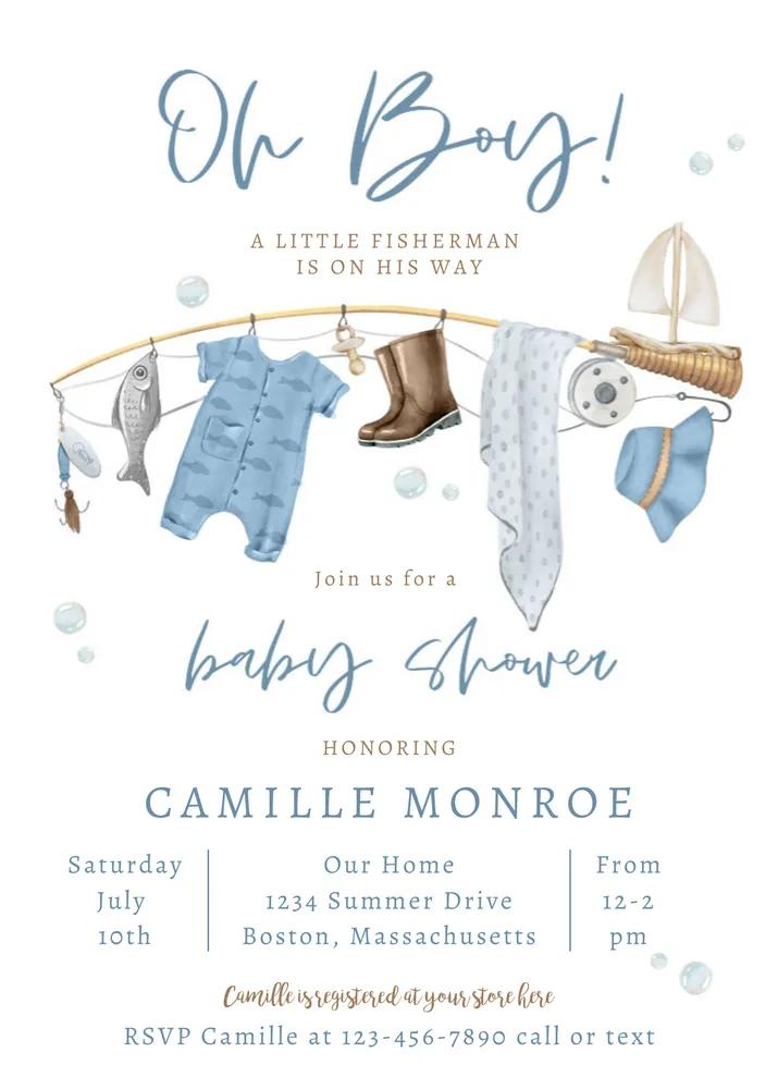 Fishing Reel Excited Boy Baby Shower Invitation Canva Template Instant Download