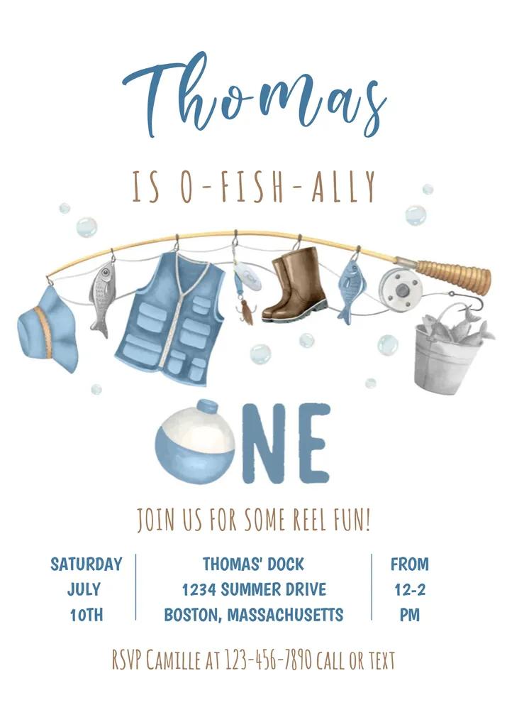 Fishing 1st Birthday Invitation - O-Fish-Ally One Canva Editable Template
