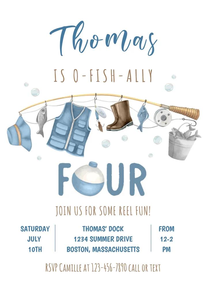 Fishing 4th Birthday Invitation | O-Fish-Ally Four Canva Template | Blue