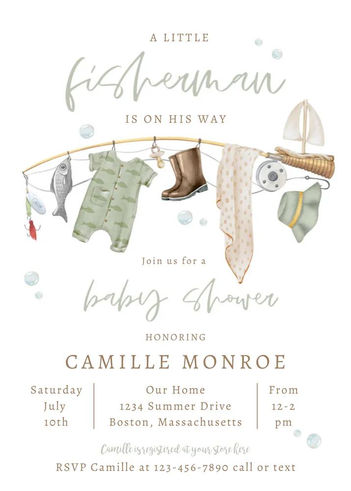 Fishing Reel Excited Boy Baby Shower Invitation Canva Template