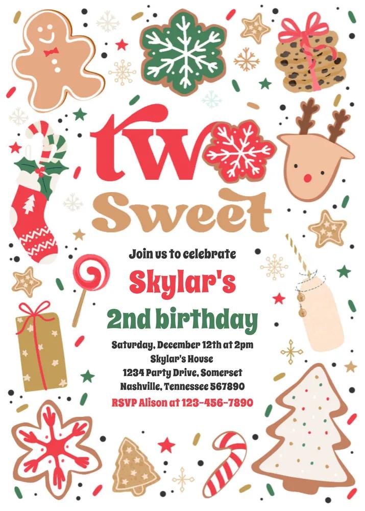 Christmas Cookie Two Sweet 2nd Birthday Invitation Canva Template