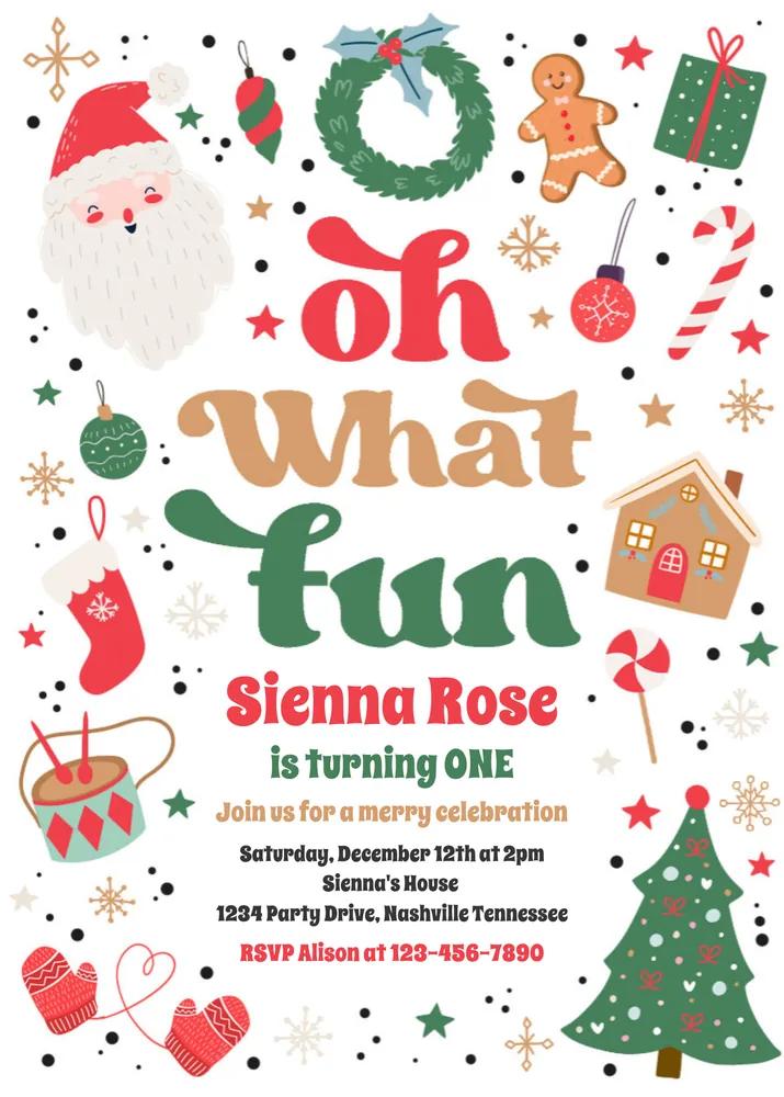 Oh What Fun Traditional Christmas Birthday Invitation - Editable Canva Template