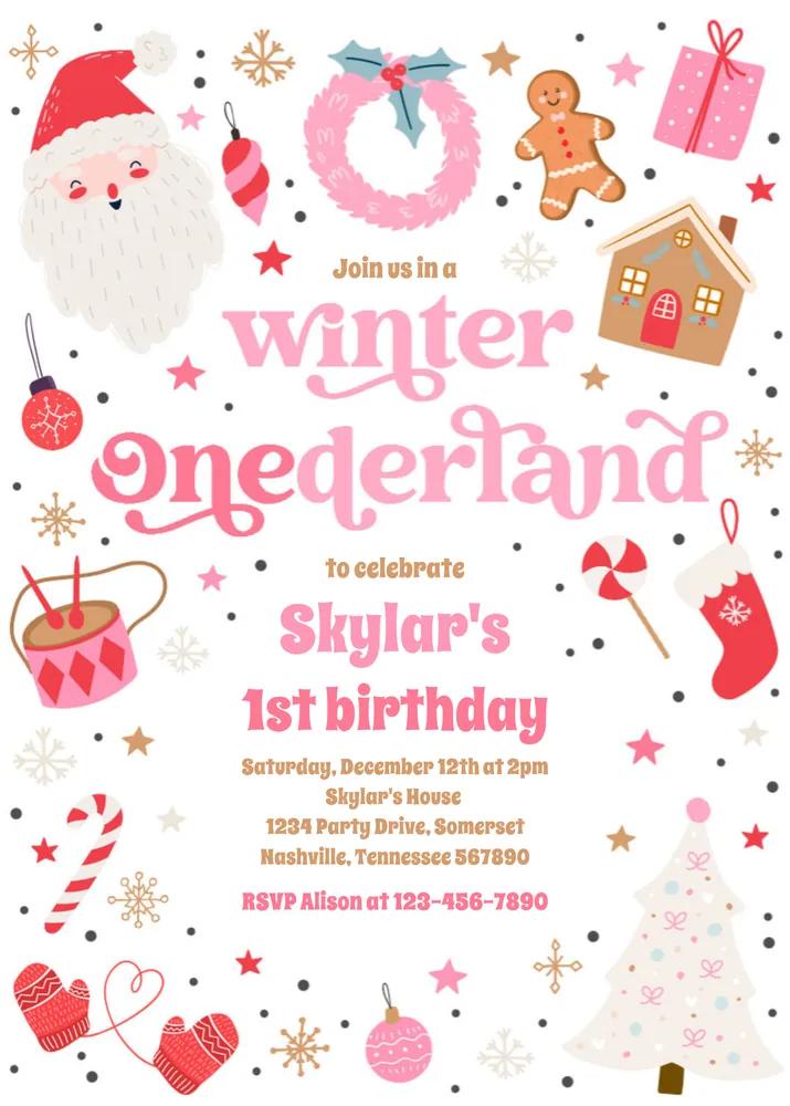 Pink Winter Onederland 1st Birthday Invitation | Canva Template