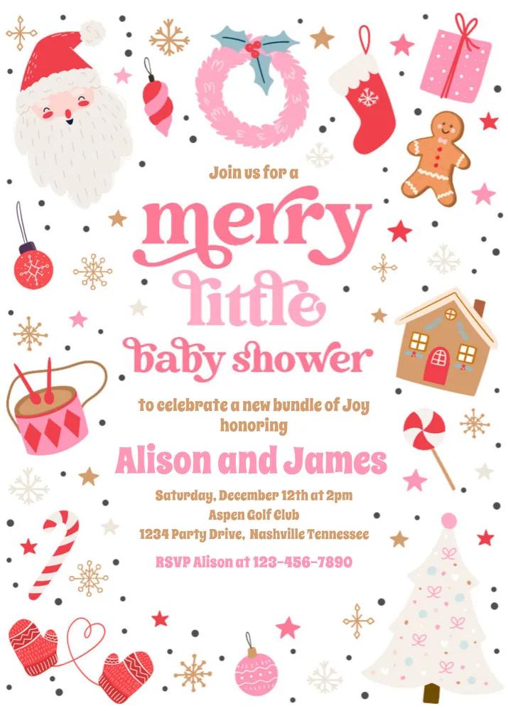Merry Little Christmas Baby Shower Birthday Invitation Canva Template Red Pink