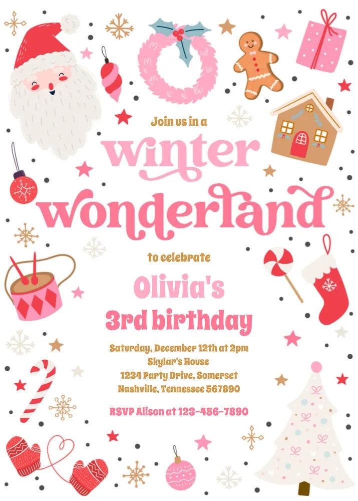 Pink Winter Wonderland Christmas Birthday Invitation Canva Template