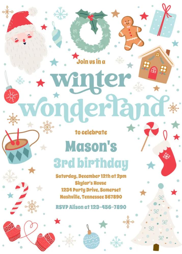 Winter Wonderland Blue Christmas Birthday Party Invitation Canva Template