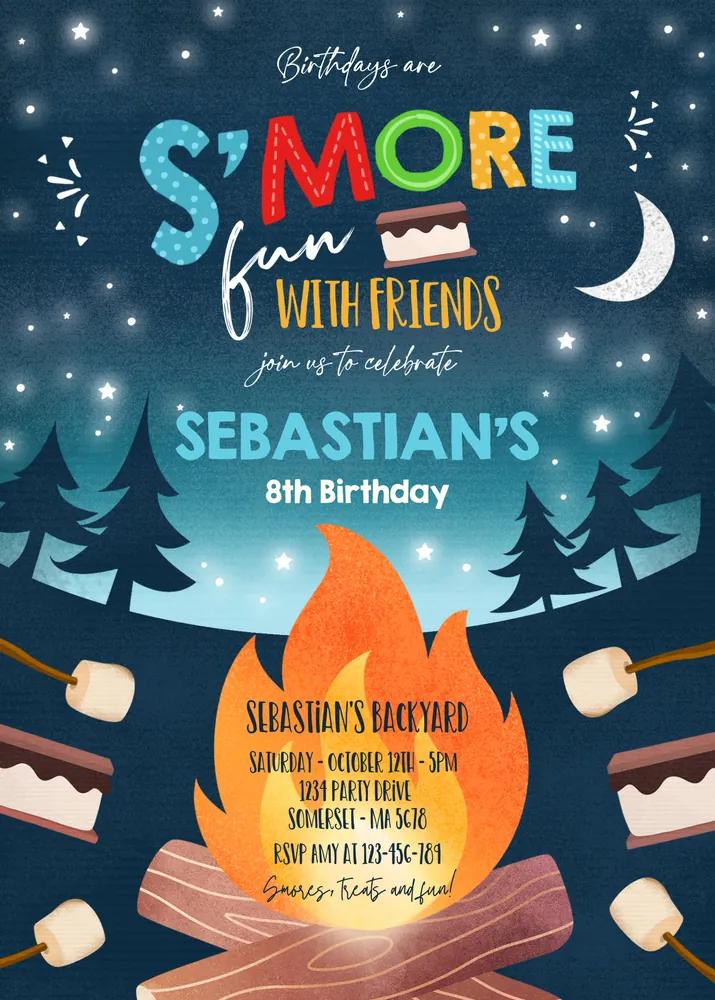 Smores Birthday Invitation | Backyard Bonfire Camping Invite Canva Template